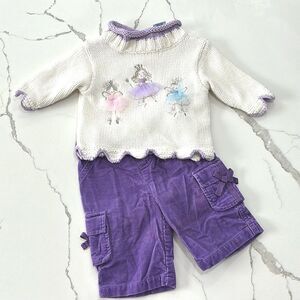 Koala Kids Baby Girls Purple Corduroy Pants Ballerina White Sweater Set 0-3M